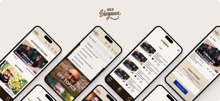 Projekt aplikacji mobilnej Bez Sloganu, mobile app design, testy użyteczności, research, makiety UX
